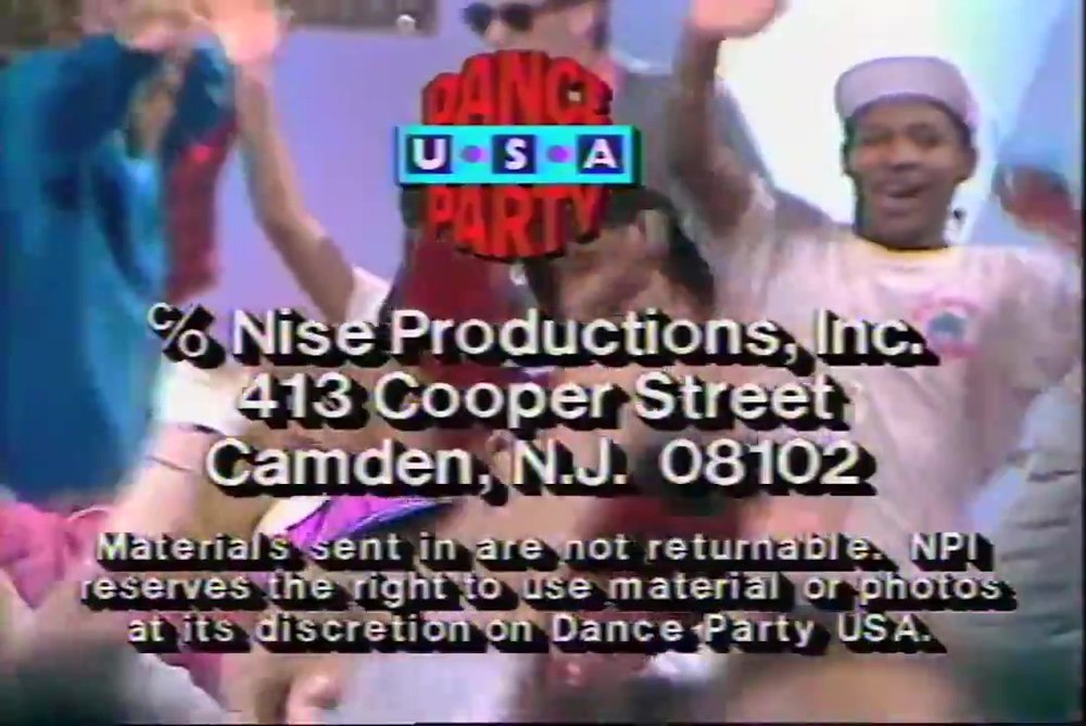 Dance Party USA mail-in address card: Nise Productions, 413 Cooper Street, Camden, New Jersey