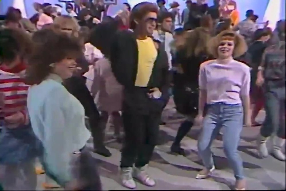 Teen dancers fill the Dance Party USA studio floor in a late-1980s promo tape