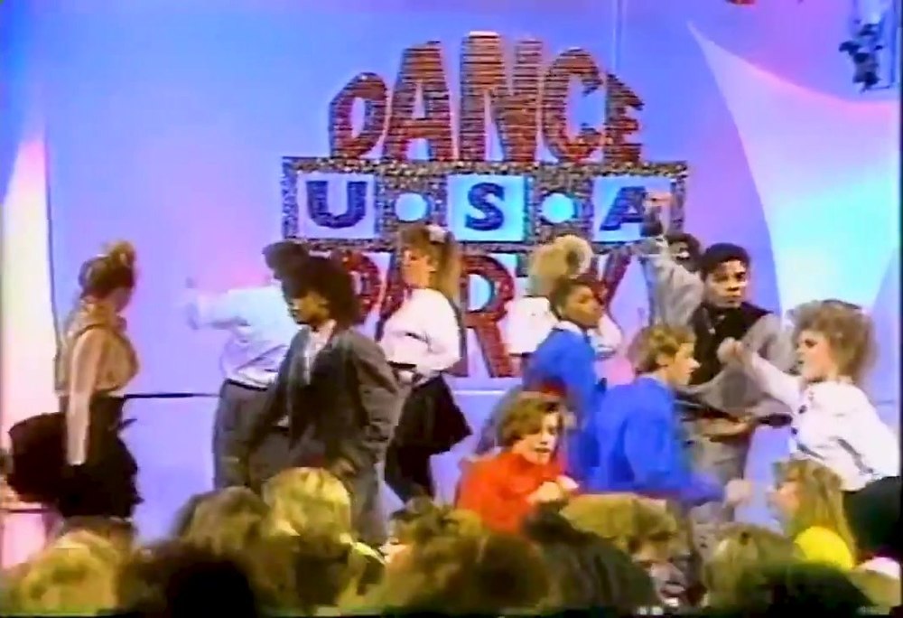 The Dance Party USA sign over the studio dance floor, from a late-1980s promo tape